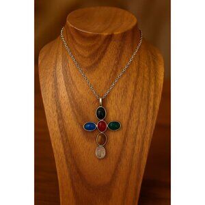 Vintage Sterling Silver 925 Scarab Cross Pendant Multi Stone / Color NO CHAIN